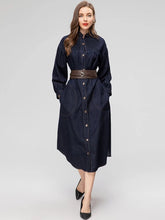 Load image into Gallery viewer, Malani Early Autumn Blue Denim Dress Women Stand Collar Belt Pockets Single Breasted Casual Loose Dress