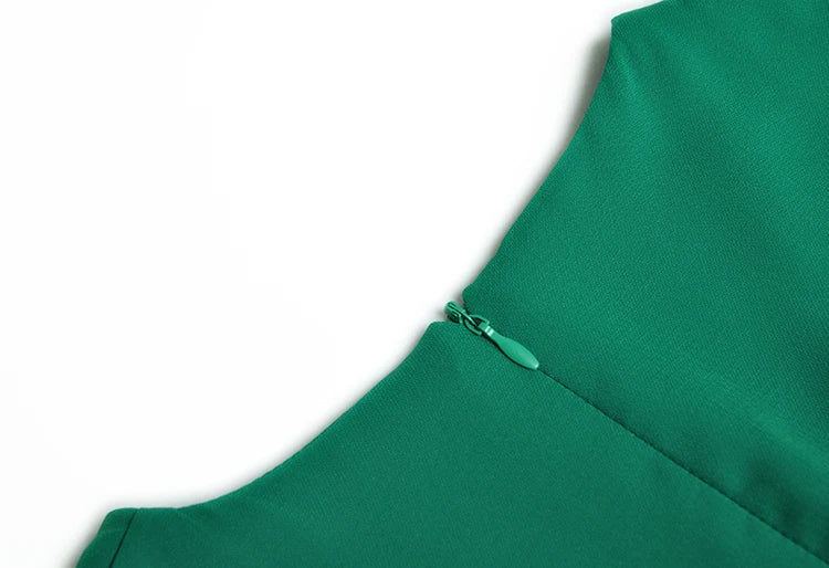 Zephr Green V-Neck Crystal Beading Appliques Lantern Sleeve Belt Pleated Dress