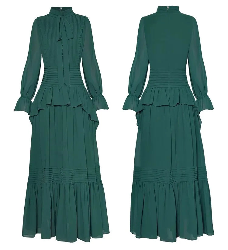 Jaya Bow Stand Collar Flare Sleeve Folds Ruffles Vintage Dress