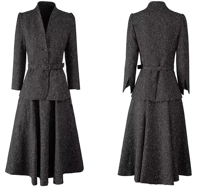 Bexley Single Breasted Sashes Coat + Skirt Office Lady 2 piece Set