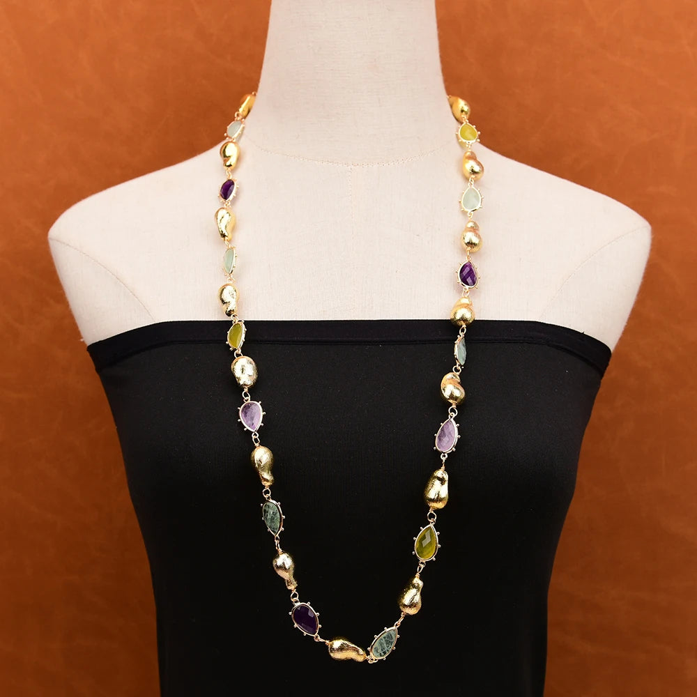 35'' Natural Gems Stone Fluorite Lemon Quartz Amethyst Jade Long Necklace