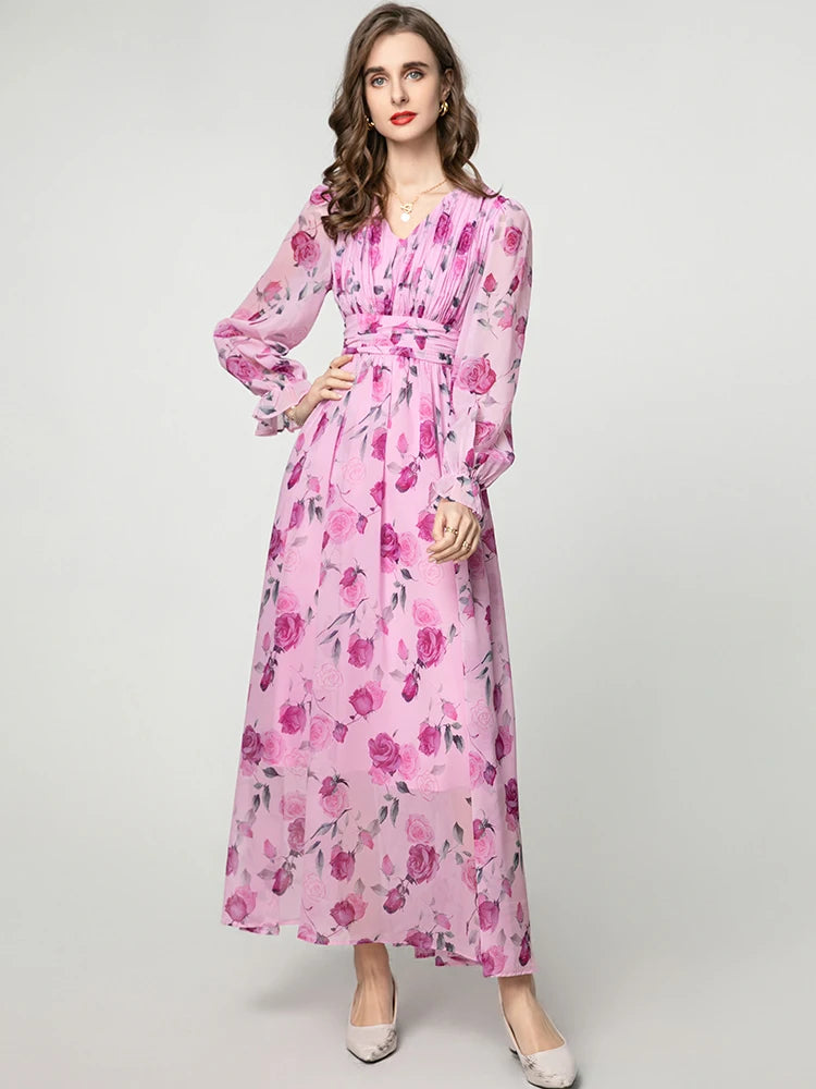 Eliana Vintage Rose Print V-Neck Dress