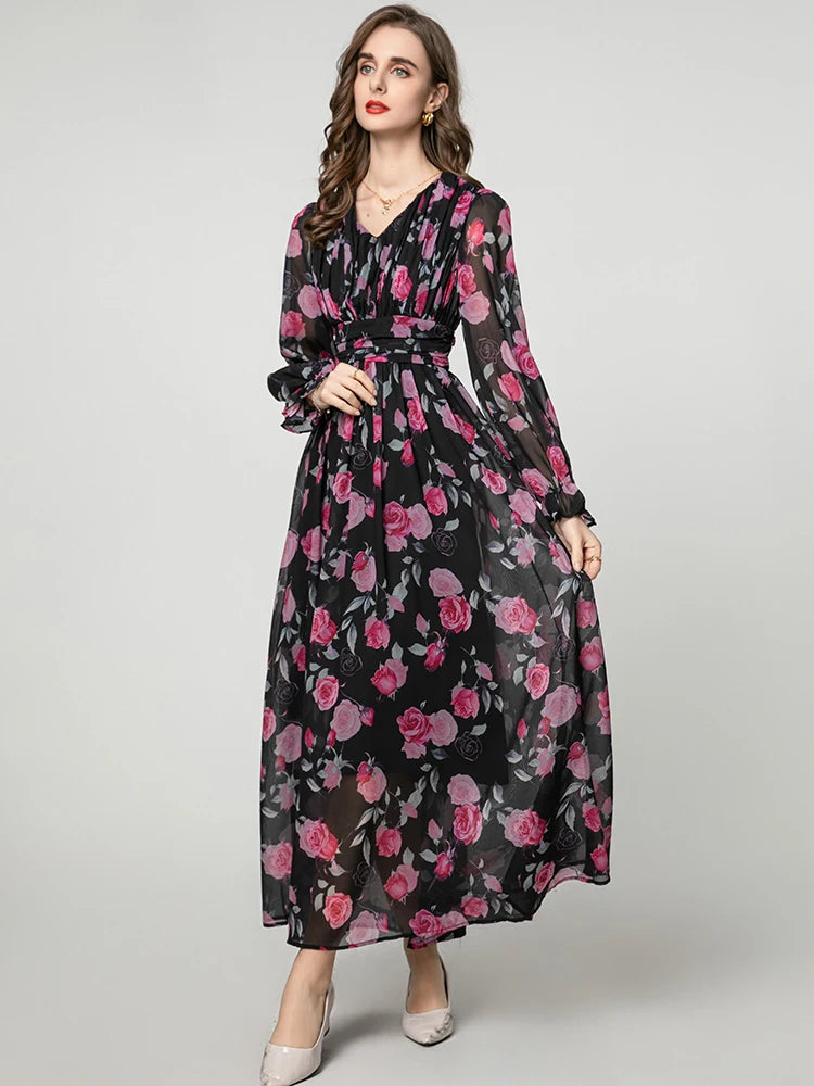 Eliana Vintage Rose Print V-Neck Dress