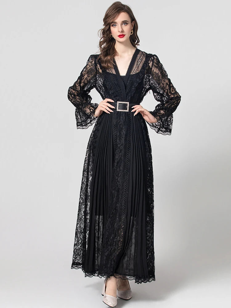 Madison V-Neck Flare Sleeve Sashes Elegant Party Patchwork Dress