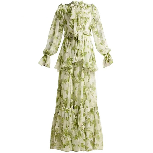 Olive Vintage Dress Women Lantern Sleeve Frenulum Ruffles Floral Print High Waist Slim Long Dress