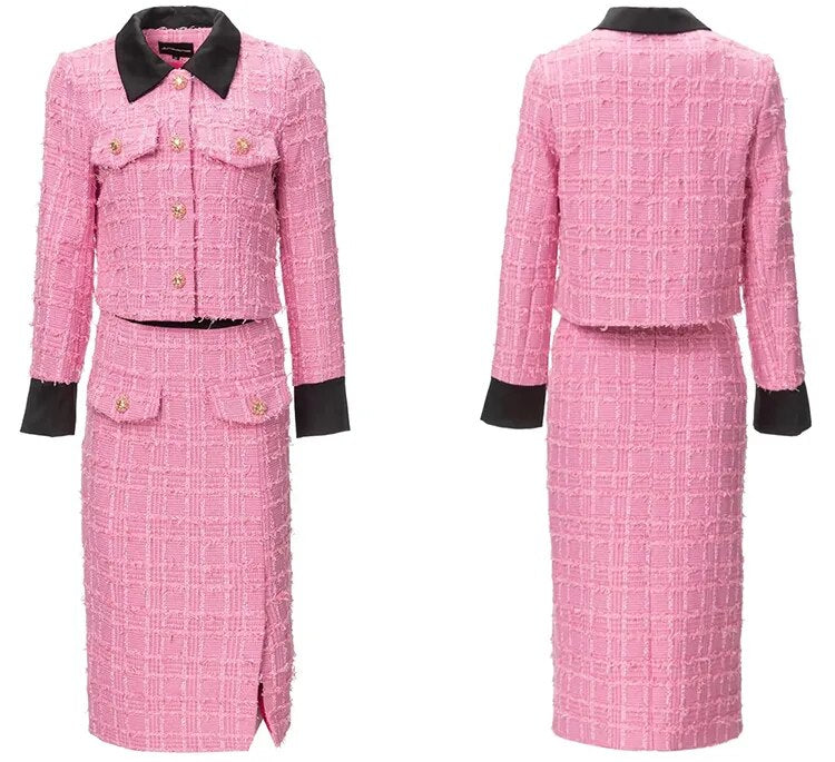 Rosalyn Plaid Tweed Suit Women Long Sleeve Pockets Single Breasted Jacket+Pencil Skirt Two-Piece Set