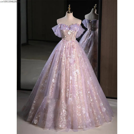 Mich Pink Purple Evening Dress Women Sweet Pleated Off The Shoulder Flower Applique Prom Gown Sequins A-Line Vestido