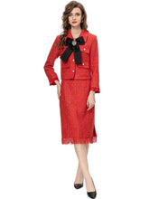 Load image into Gallery viewer, Fallon Plaid Tweed Suit Women Beading Bow Pockets Long Sleeve Jacket+Tassel Pencil Skirt Vintage 2 Piece Set