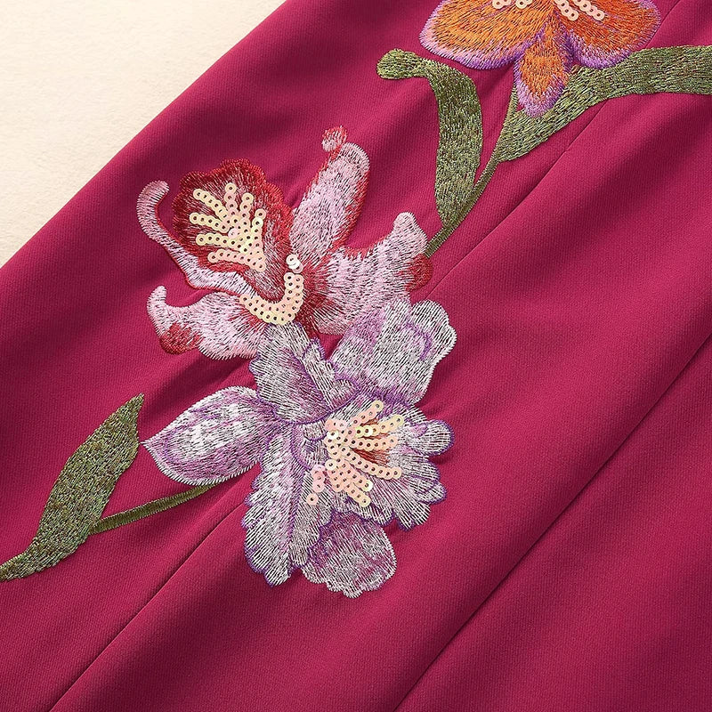 Marvis Round Neck Short Sleeve Burgundy Embroidered Sequin Slit Tribal Ethnic Style Dress