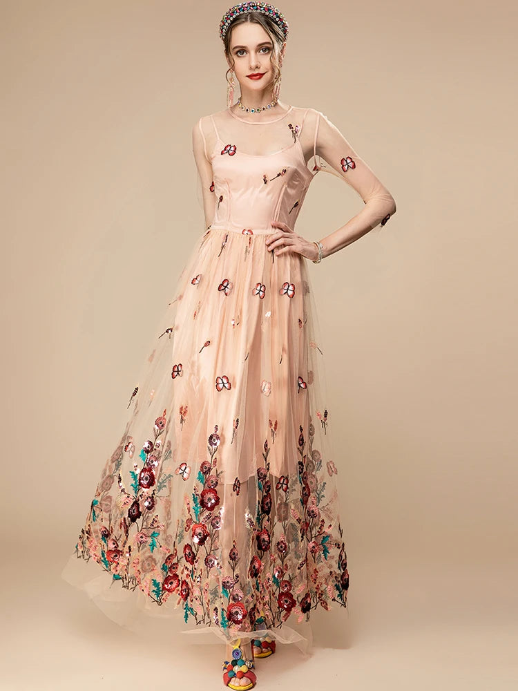 Zaria Floral Embroidery Vintage Party Long Dress