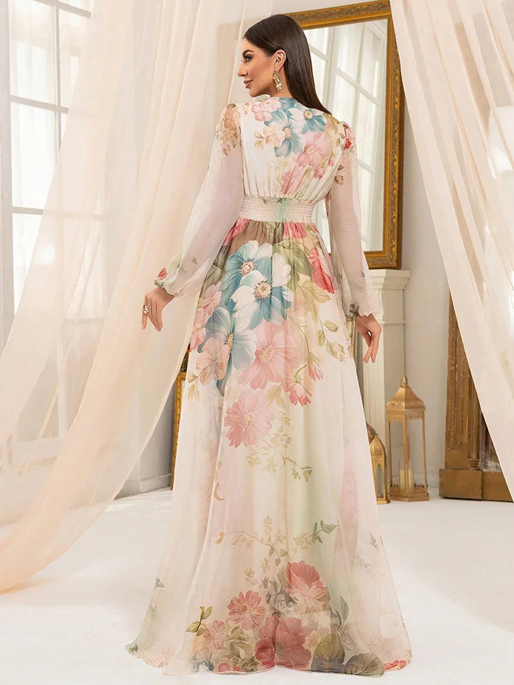 Tilie Cross Fashion Casual V-Neck Lantern Sleeve Flower Print Long Maxi Dress