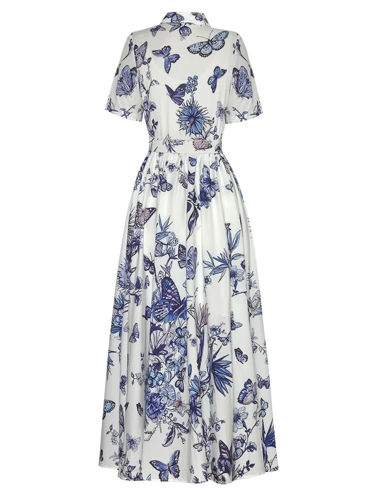 Beatrice Single Breasted Lace-Up Elegant Print Party Cotton Long Dress Blue / XL Beatrice Single Breasted Lace-Up Elegant Print Party Cotton Long Dress Blue / XL