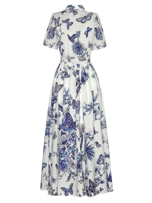 Beatrice Single Breasted Lace-Up Elegant Print Party Cotton Long Dress