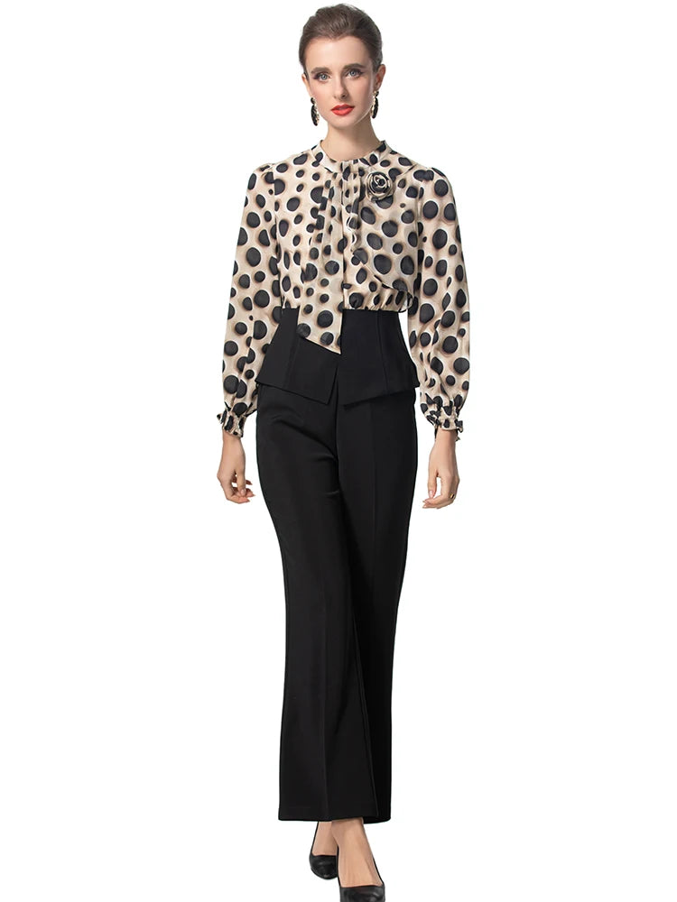 Windsor Dot Print Top + Elastic Waist Trousers Office Lady Two Piece Set