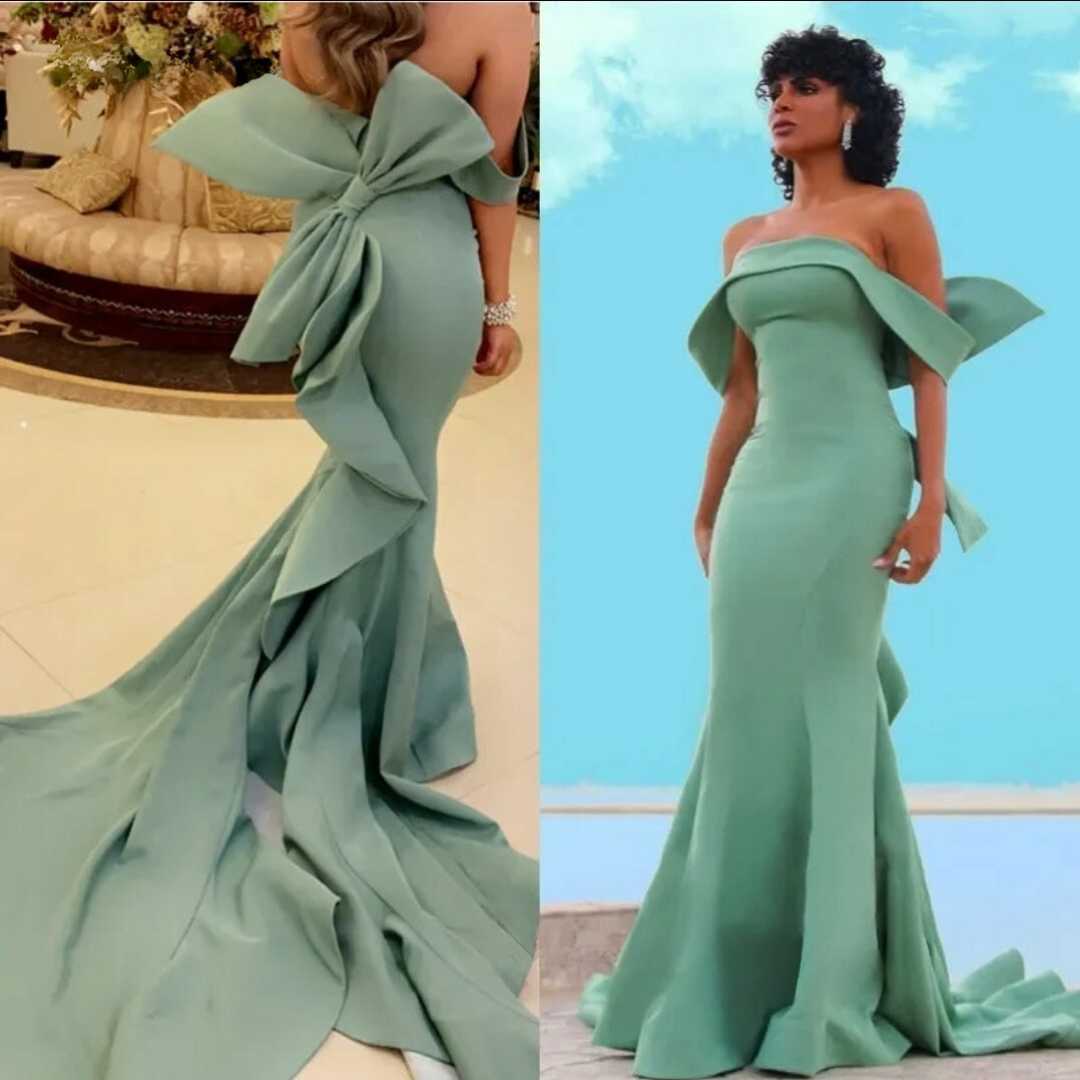 Beck Green Crepe  Off The Shoulder Mermaid Dress