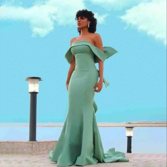 Beck Green Crepe  Off The Shoulder Mermaid Dress