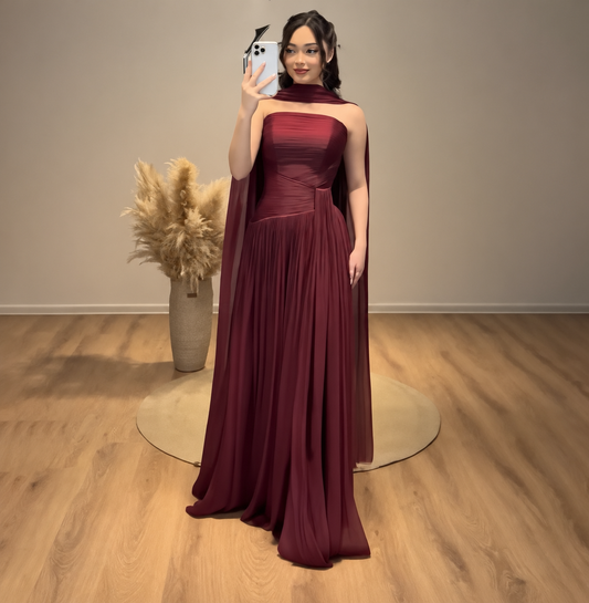 Nova Chiffon Prom Dress Strapless Cape Sleeve Evening Gown