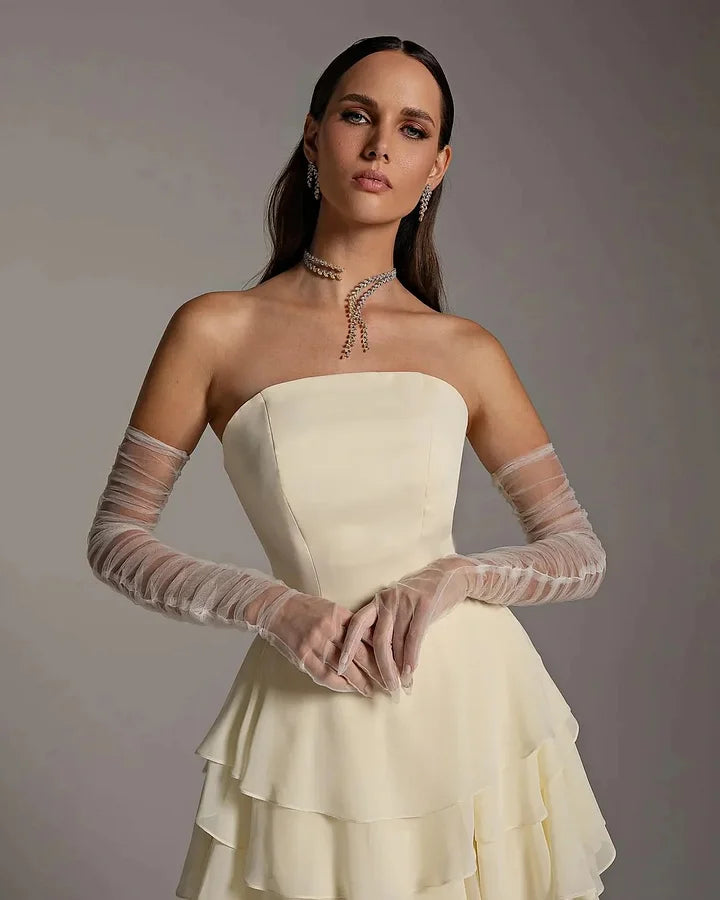 Sheryl Strapless Evening Dress with Ruffle Gloves