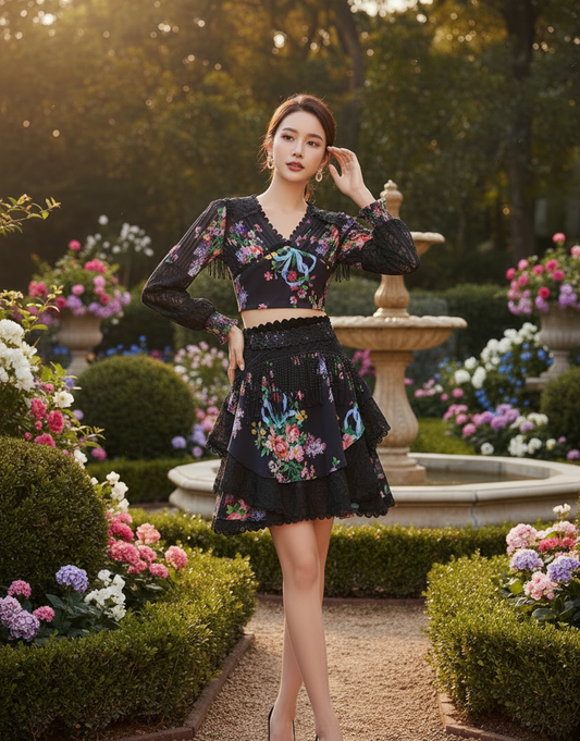 Viviana – Bluse mit Blumendruck und Stickerei + Minirock mit Rüschen, lässiges 2-teiliges Set