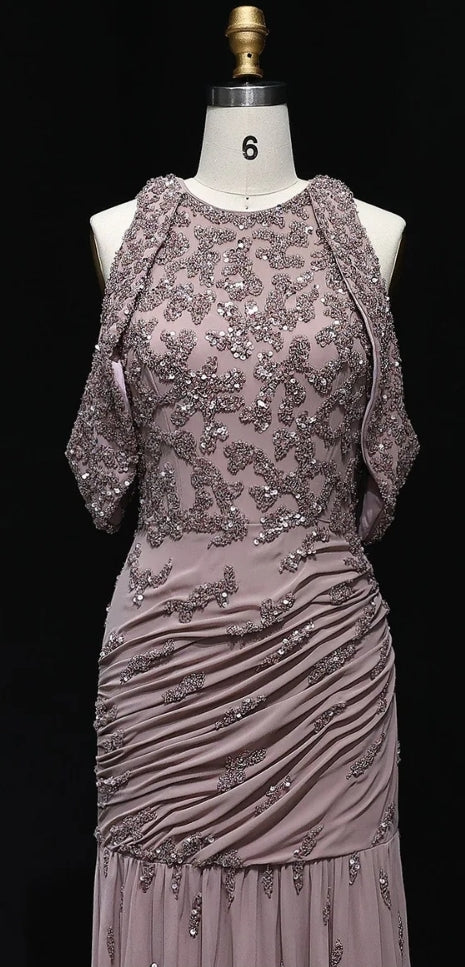 Alora Beaded Mauve Snap Sleeves Evening Dress