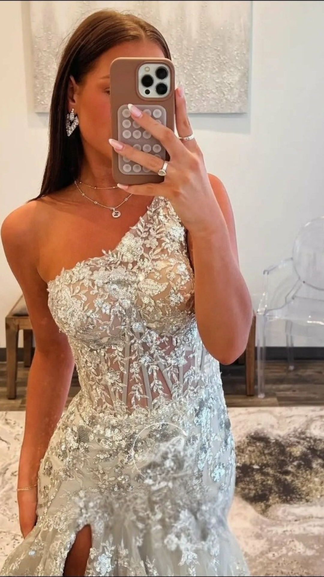 Sequin Evening  Dress with silver Embroidery High side slit