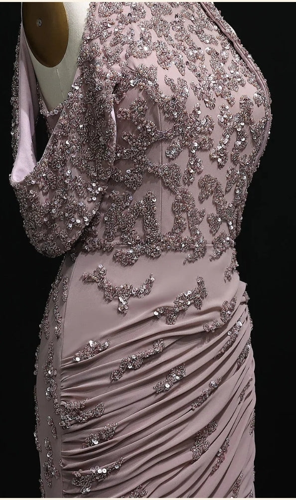 Alora Beaded Mauve Snap Sleeves Evening Dress