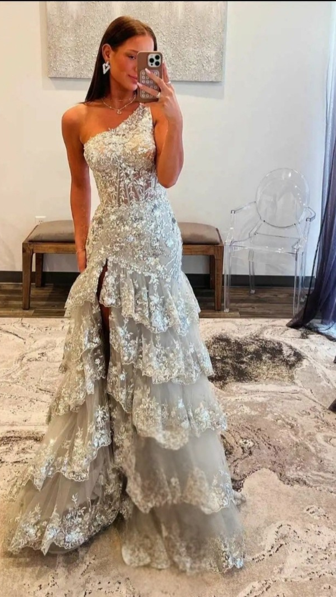 Sequin Evening  Dress with silver Embroidery High side slit