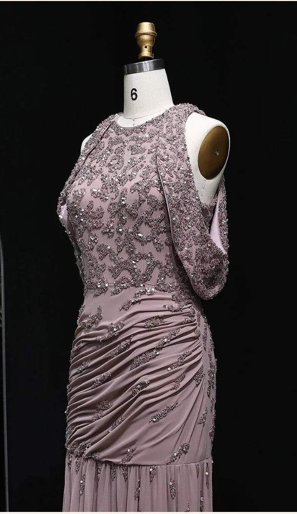 Alora Beaded Mauve Snap Sleeves Evening Dress