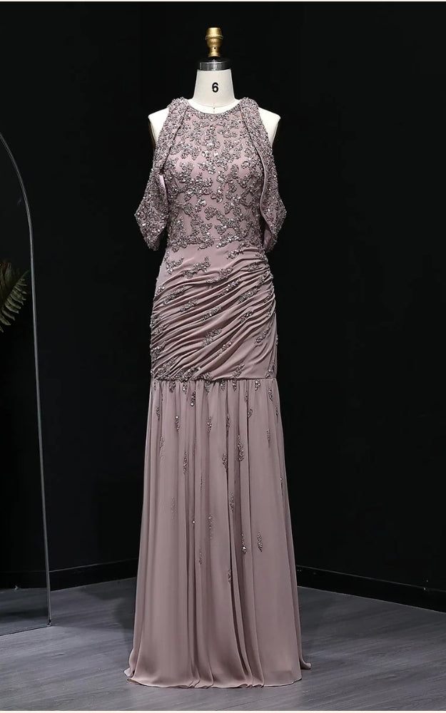 Alora Beaded Mauve Snap Sleeves Evening Dress