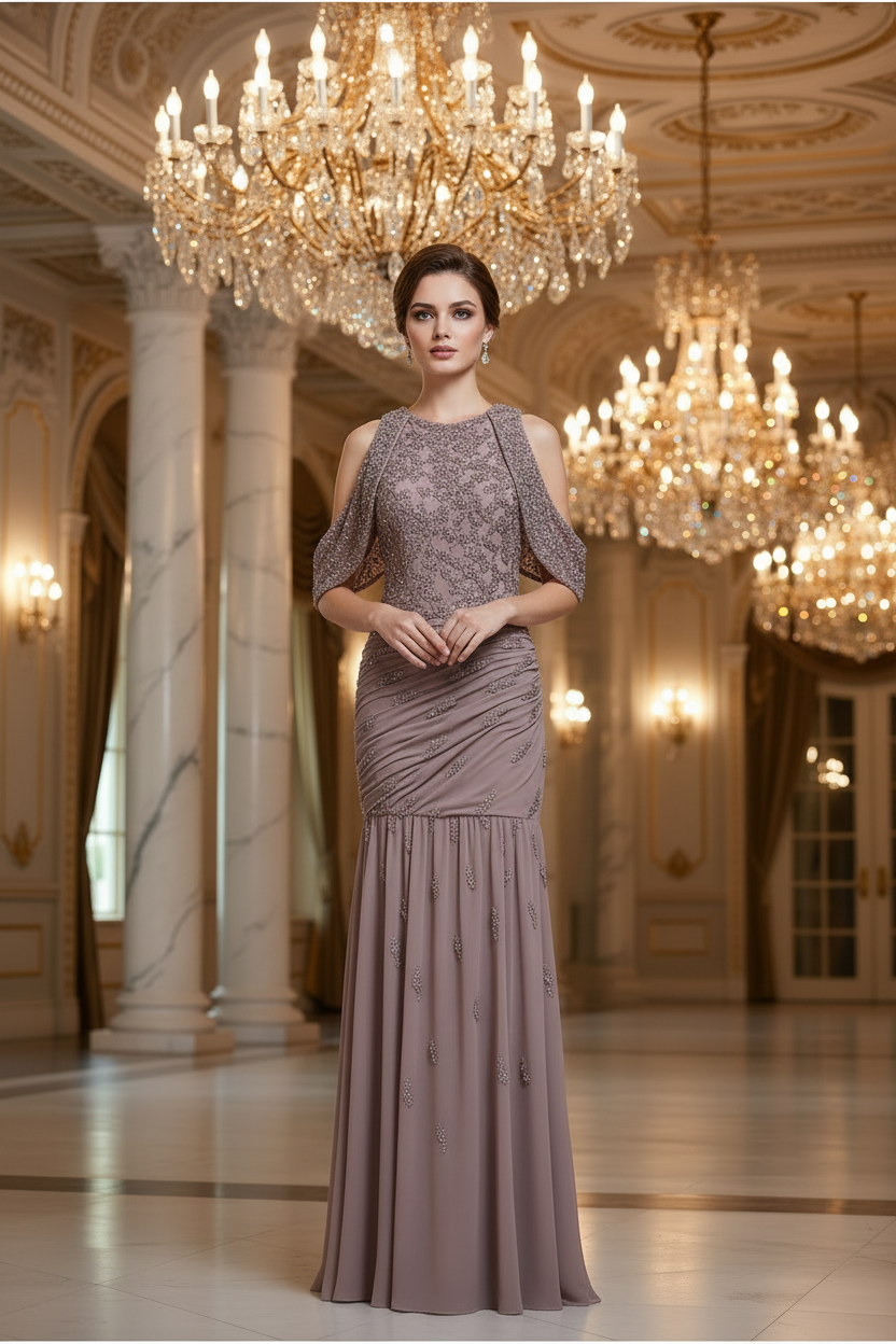 Alora Beaded Mauve Snap Sleeves Evening Dress