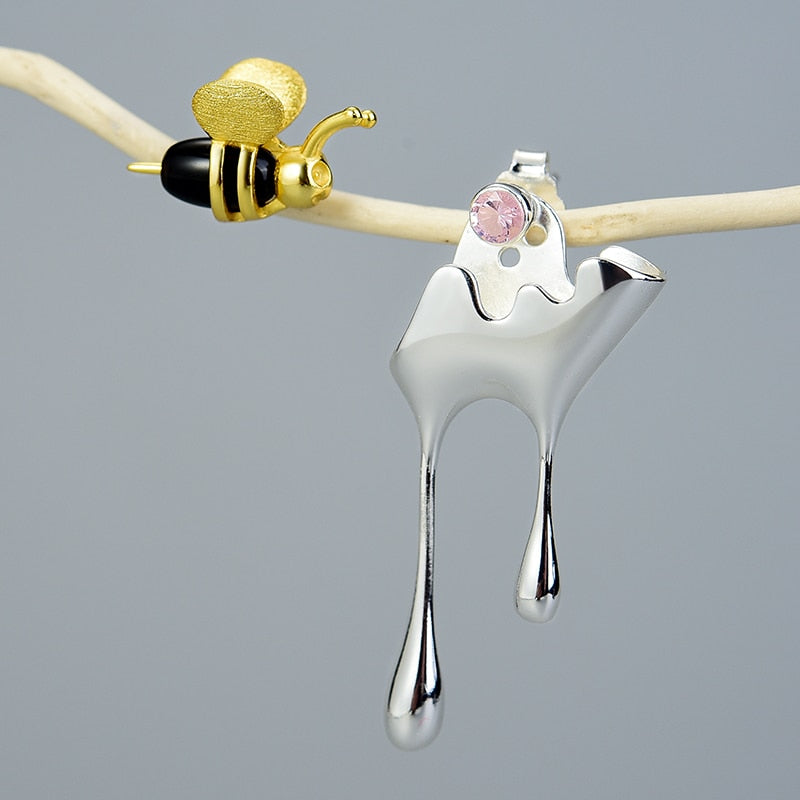 النحلة الذهبية والعسل المقطر غير المتماثل أقراط المجوهرات الفاخرة المصنوعة يدويًا من الفضة الإسترليني عيار 925
