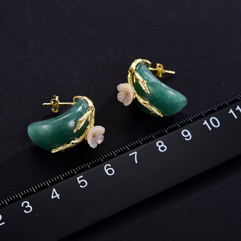 Natural Aventurine  Handmade  Plum Flower Stud Earrings