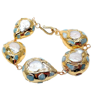 Blue Larimar Teardrop  Freshwater Pearl  Gold  Plated  Wrap Bracelet  9"