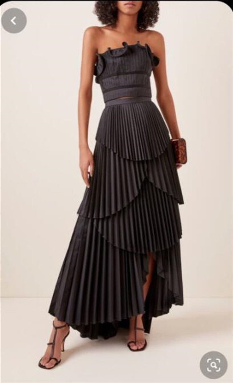 Black Pleats A Line Tiered Dresses Tiered Skirt – VanillaStyle