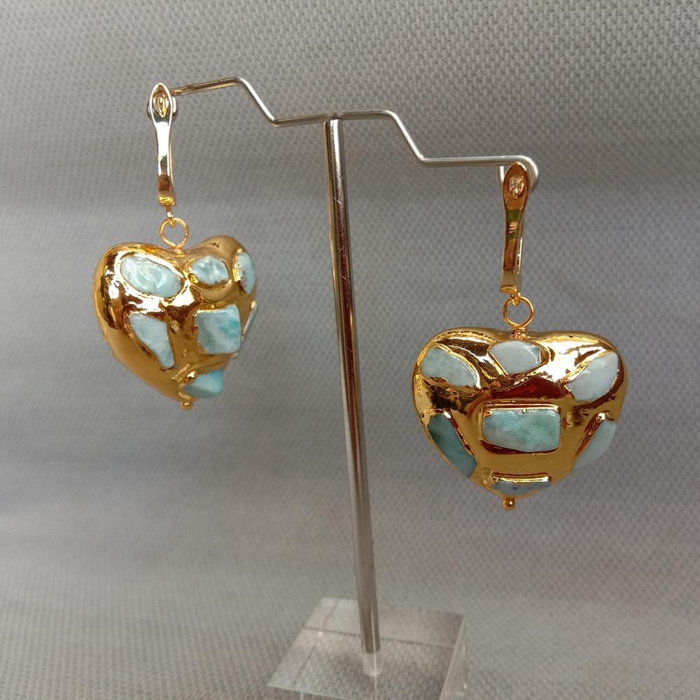 Natural Blue Larimar Stone With Heart Shaped Yellow Gold  Plated  Earrings