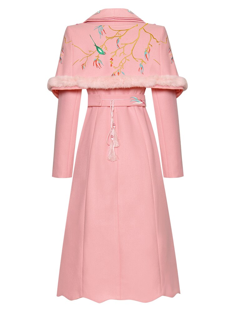 Embroidered belt Slim Elegant pink long coats Warm Overcoat