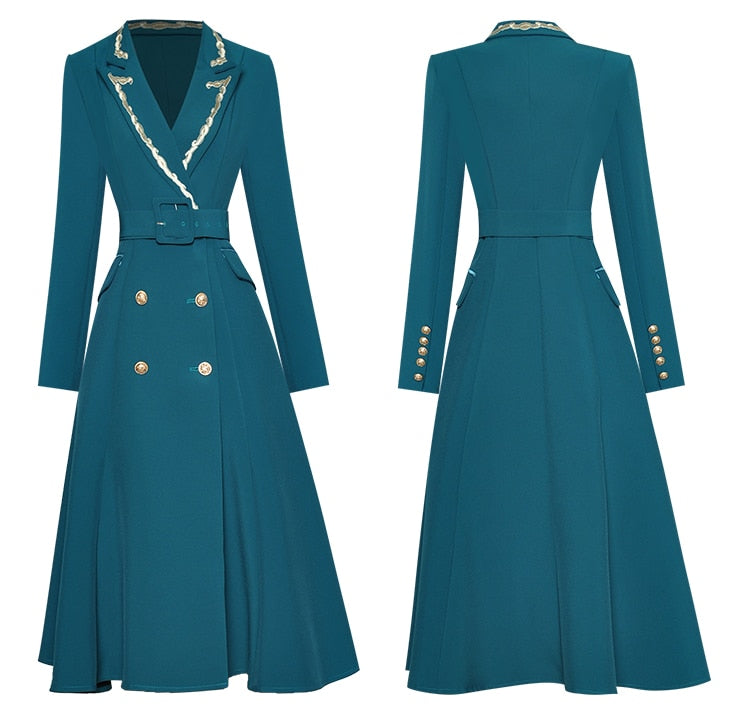 Mona Autumn Winter Trench  Embroidery Turn-down Collar Overcoat