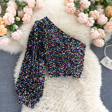 Load image into Gallery viewer, Unilateral Puff Sleeve Slim Fit Short Sequined Top