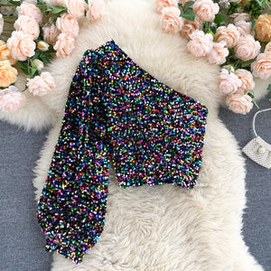 Unilateral Puff Sleeve Slim Fit Short Sequined Top