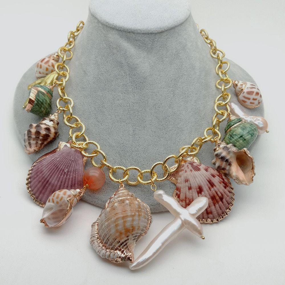 19" Multi Sea Shell Pearl  Summer Beach   Vintage Chain Necklace