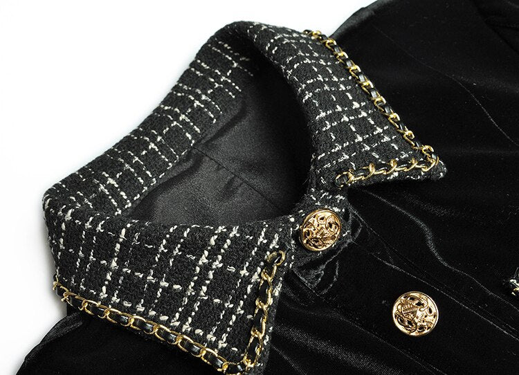 Brinley turn-down collar Long sleeve Single-breasted lace-up Velvet Keep warm Black Dress