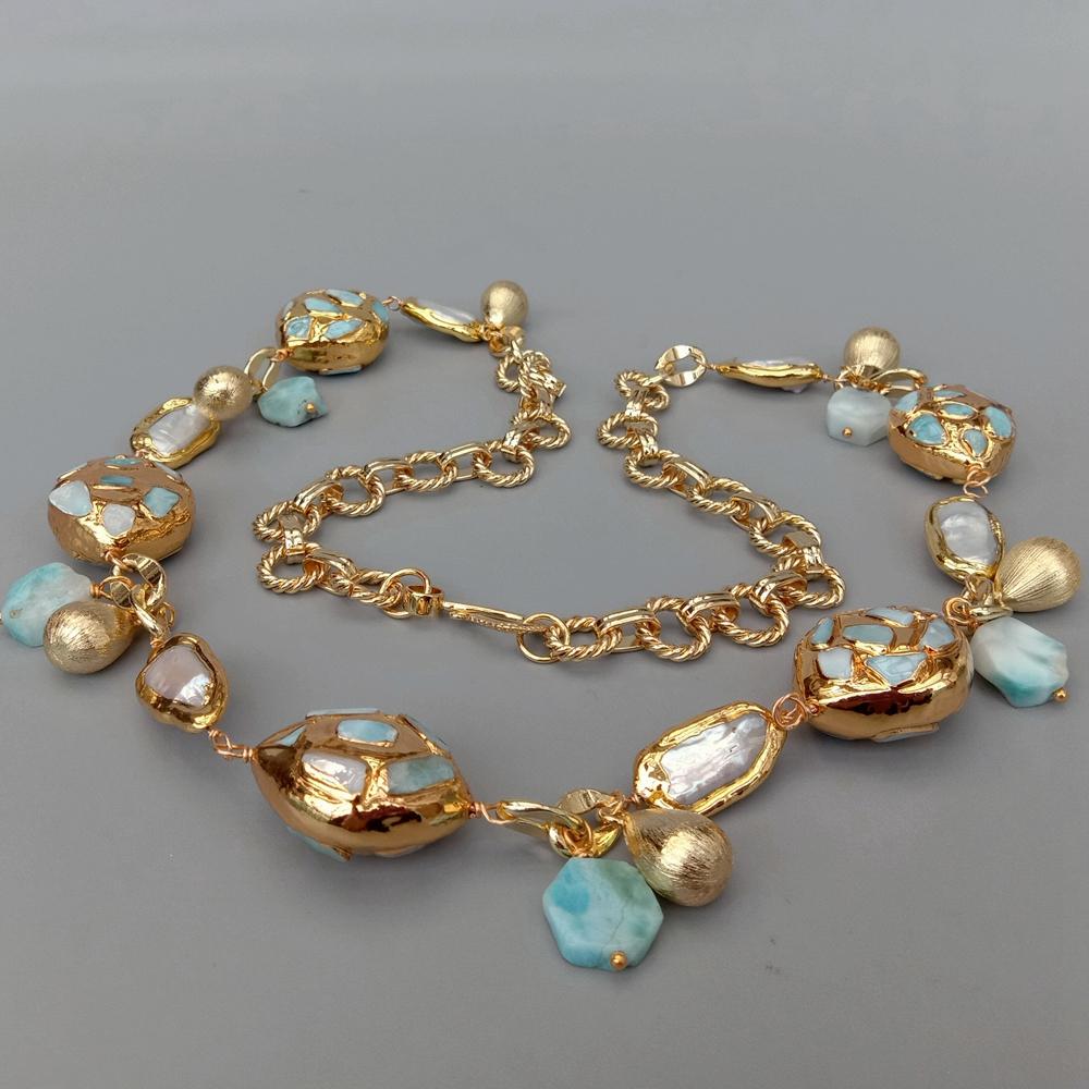 Natural Blue Larimar Stone With Natural Cultured White Biwa Pearl Gold Plated Necklace