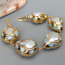 Load image into Gallery viewer, Blue Larimar Teardrop  Freshwater Pearl  Gold  Plated  Wrap Bracelet  9&quot;