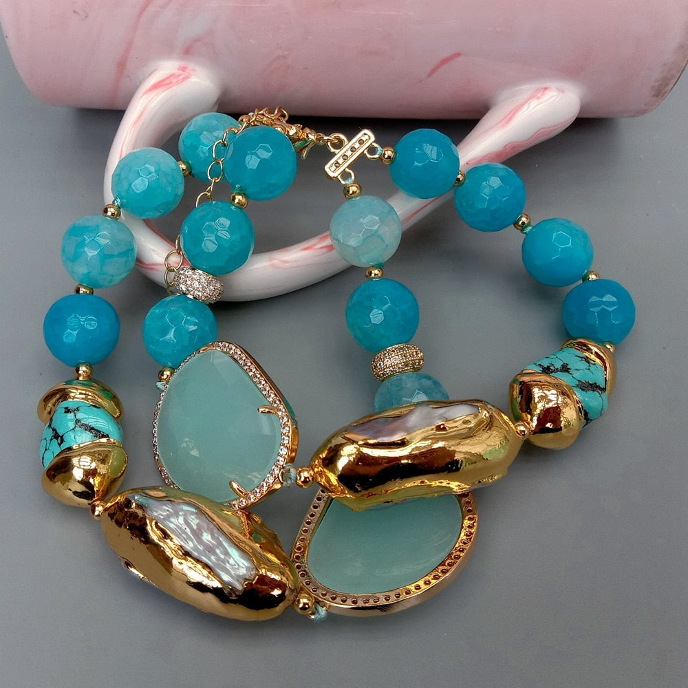 2 Reihen blau facettiert Achat Türkis Zuchtperlen weiße Biwa Perle Kristall Halskette Armband Ohrringe Set