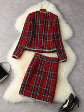 Load image into Gallery viewer, Mariela Tweed Dress Suit Autumn Winter Office Plaid Woolen Jacket with Pencil Skirt Set 2Piece Outfit Red