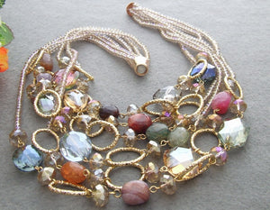 6Strds Agates& multi shape Crystal statement Necklace