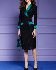 Elegant Sequined Tweed Woollen Midi Office Dress