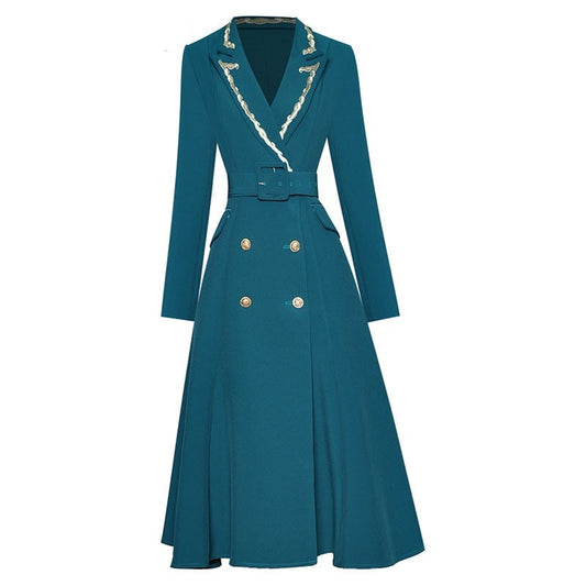 Mona Autumn Winter Trench  Embroidery Turn-down Collar Overcoat
