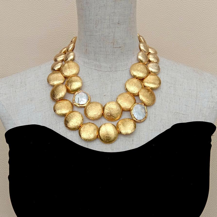 2 Rows Gold Plated Brushed  Pearl Necklace 18"