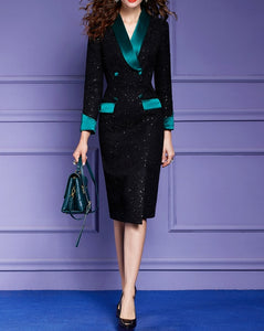 Elegant Sequined Tweed Woollen Midi Office Dress